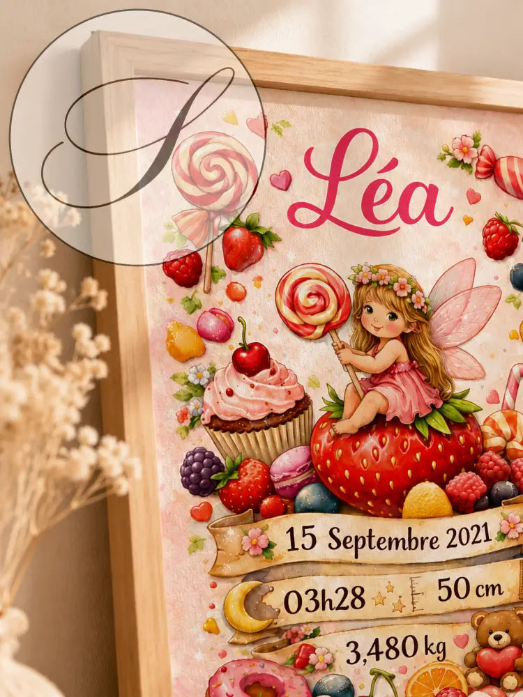 Un poster personnalisé de naissance encadré avec une fée sur une fraise entourée de bonbons et le prénom léa
