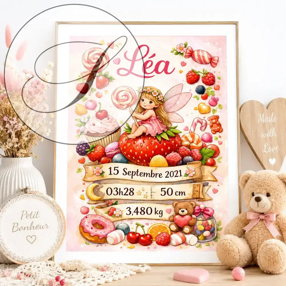 Affiche naissance personnalisée rose avec fée sur fraise entourée de bonbons fruits, cadeau naissance personnalisé