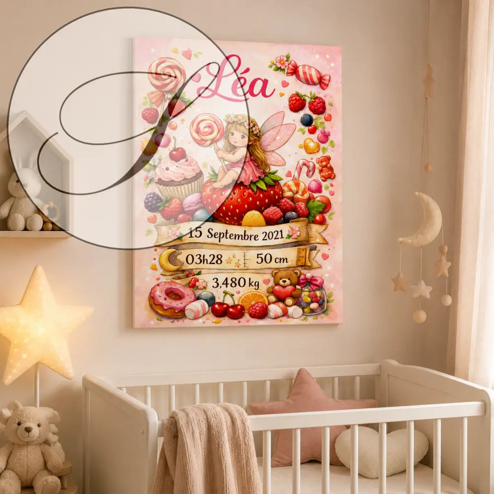 Impression sur toile rose avec une fée assise sur une fraise entourée de bonbons fruits et cupcakes avec nom