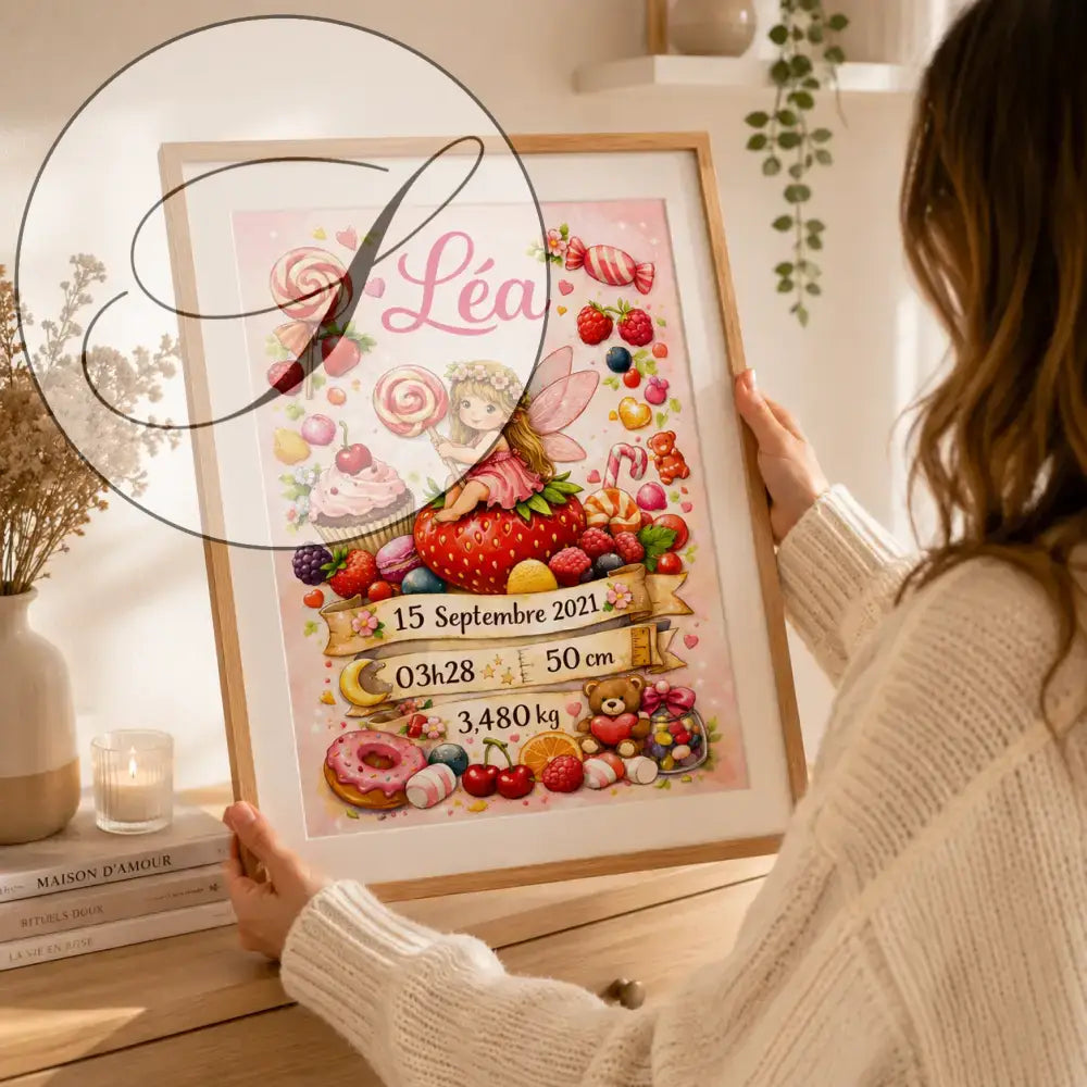 Affiche naissance encadrée rose pastel avec une fée assise sur une fraise entourée de bonbons et fruits