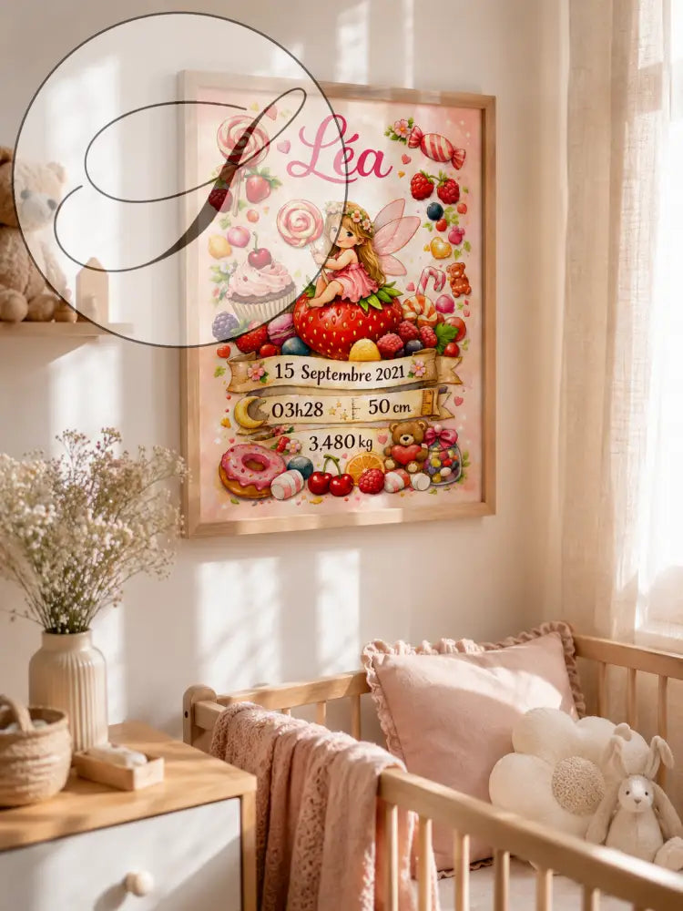 Poster de naissance ee avec cadre rose et fée léa entourée de bonbons fruits et cupcakes
