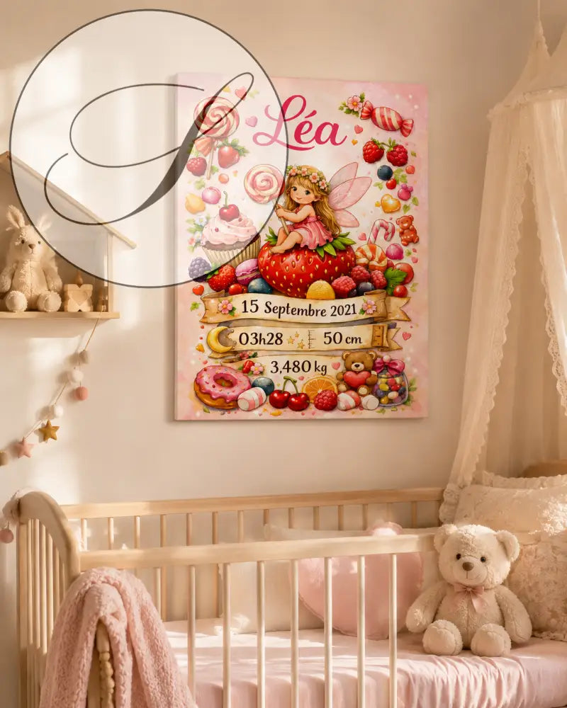 Affiche naissance en toile rose avec fée sur fraise entourée de bonbons et fruits nom léa et détails de naissance
