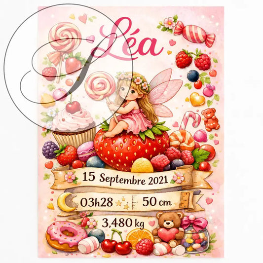 Affiche naissance personnalisée avec fée rose sur fraise rouge cadeau naissance personnalisé idéal baby shower pdf