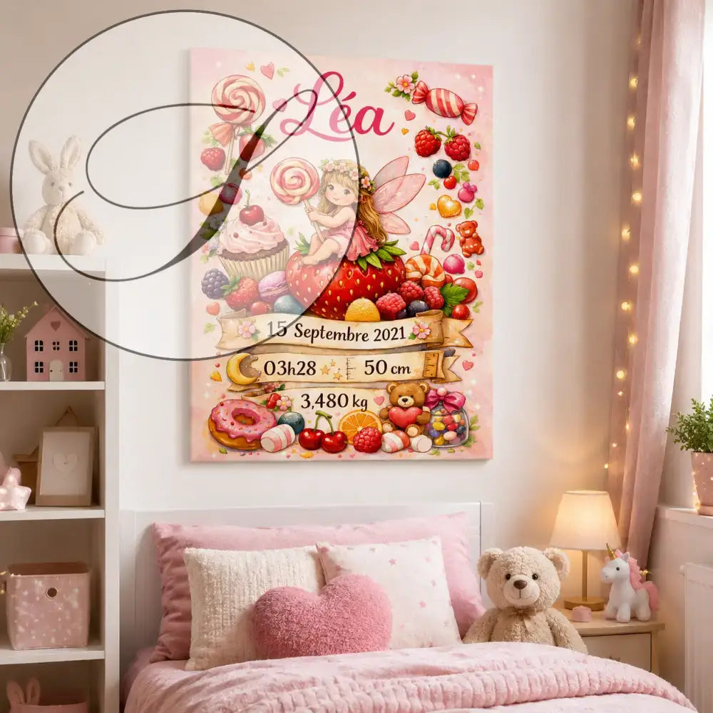 Affiche naissance personnalisée rose avec fée sur fraise entourée de bonbons et fruits idéale cadeau naissance personnalisé baby shower