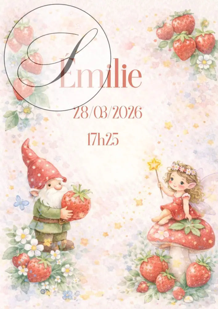 Personalized A4 PDF birth poster with name, date and time, illustrated with a pastel fairy, gnome and strawberries