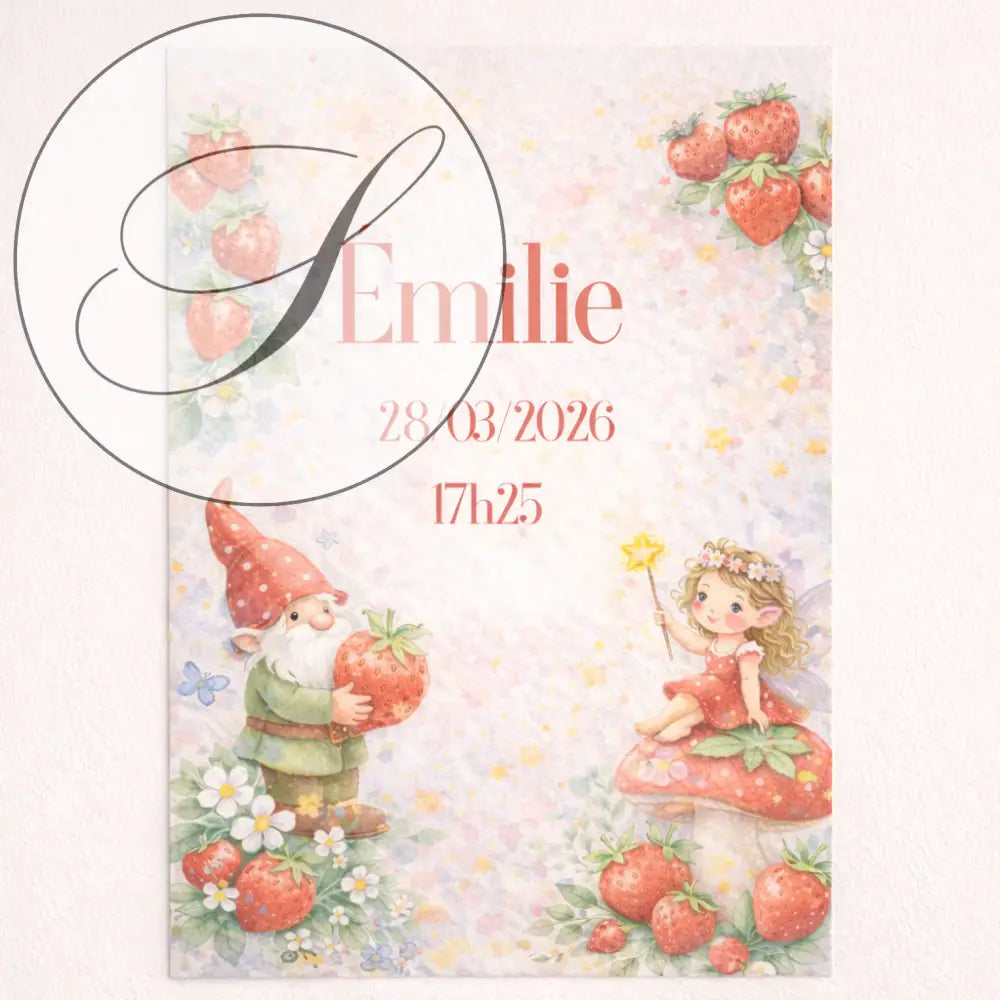Personalized pastel A4 PDF birth poster with a fairy-tale fairy and gnome illustration