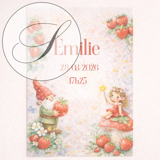 Affiche naissance personnalisée pdf a4 aux tons pastel avec illustration féerique de fée et gnome pour naissance