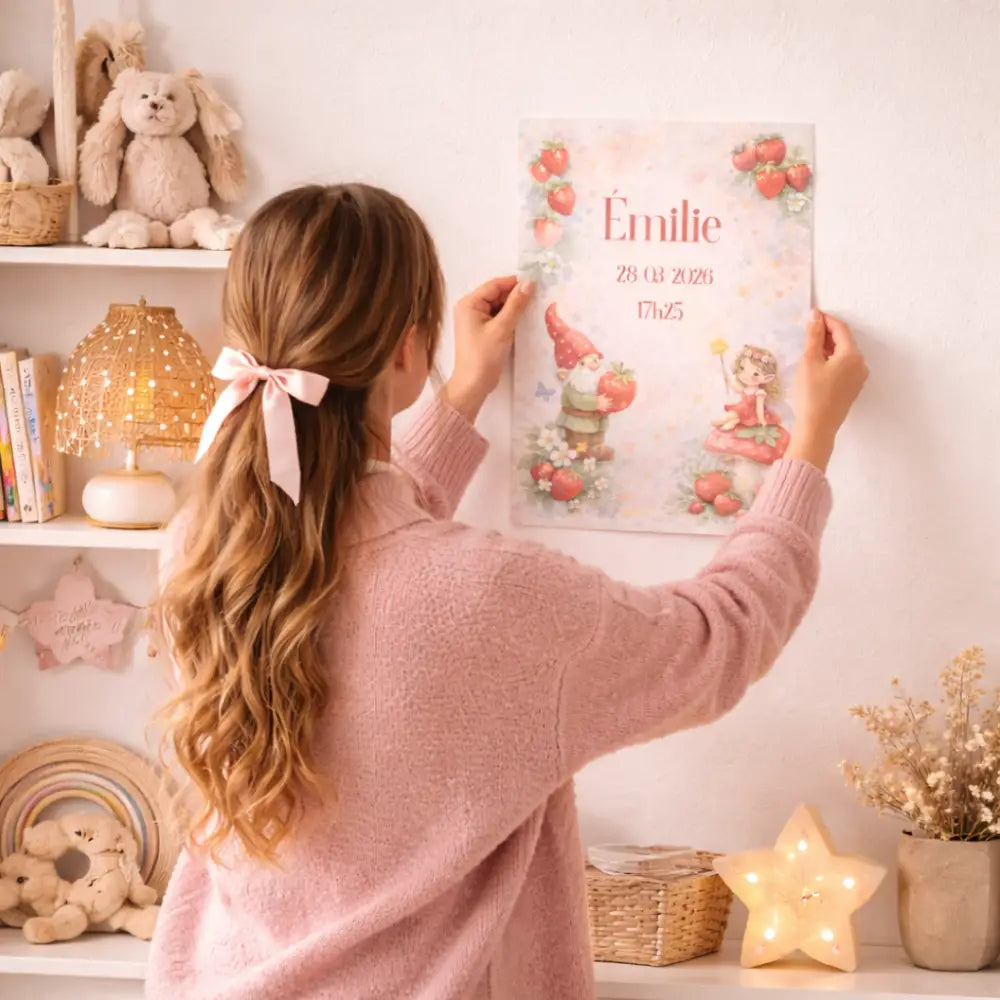 Affiche naissance personnalisée pdf a4 rose et blanche avec fraises gnome et fée pour anniversaire