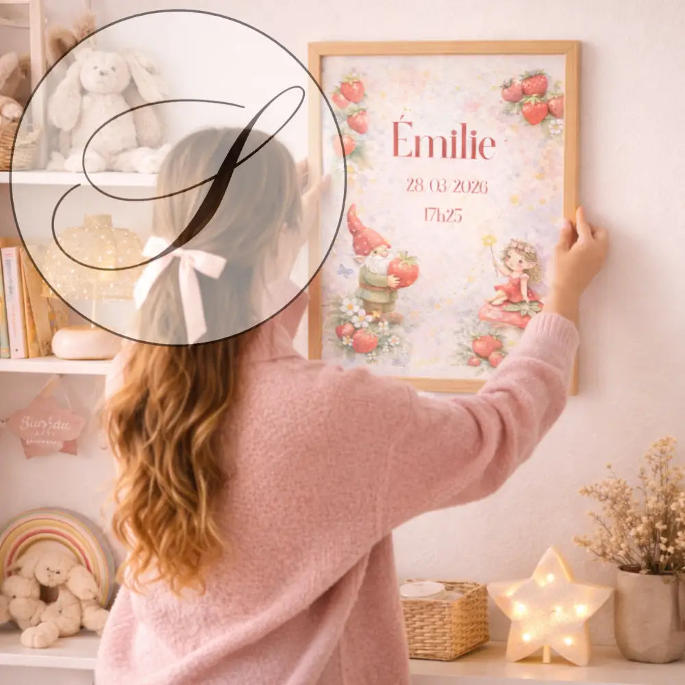 Personalized name birth poster with gnomes, fairies and strawberries, A4 PDF