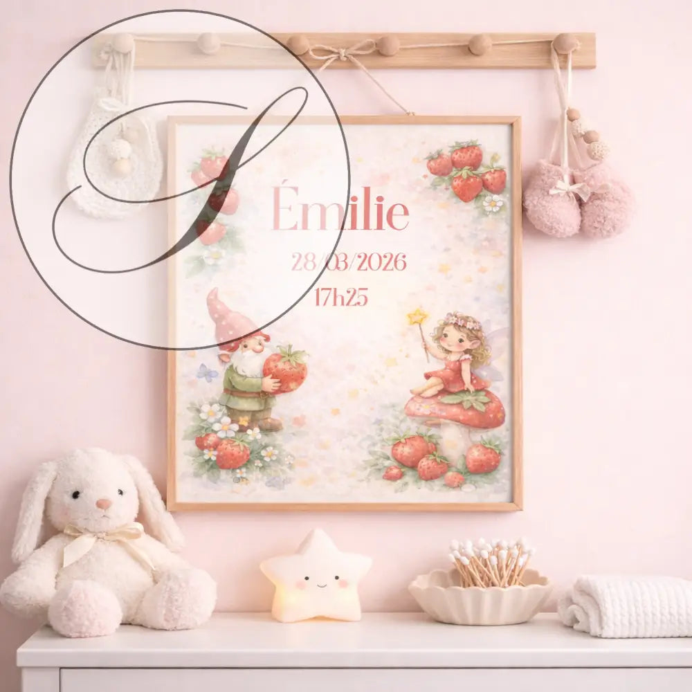 Personalized birth poster with Émylie, date and time in soft pink, fairy, gnome and strawberries on ivory