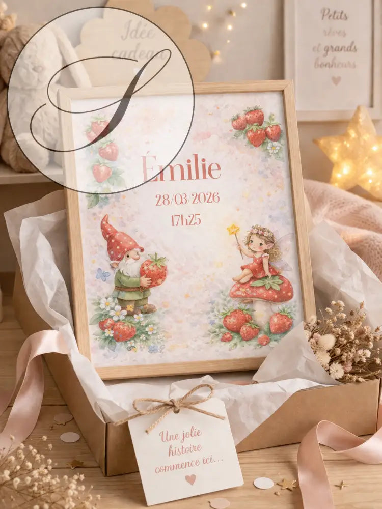 Personalized A4 PDF birth poster with name, date and time, colourful fairy and gnome, light wood frame