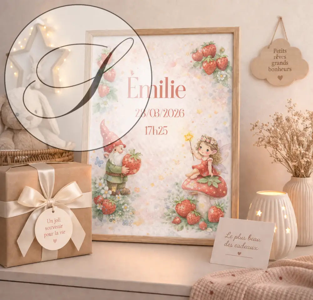 Personalized birth poster with name and date in pale pink, fairy-tale fairy and gnome with strawberries