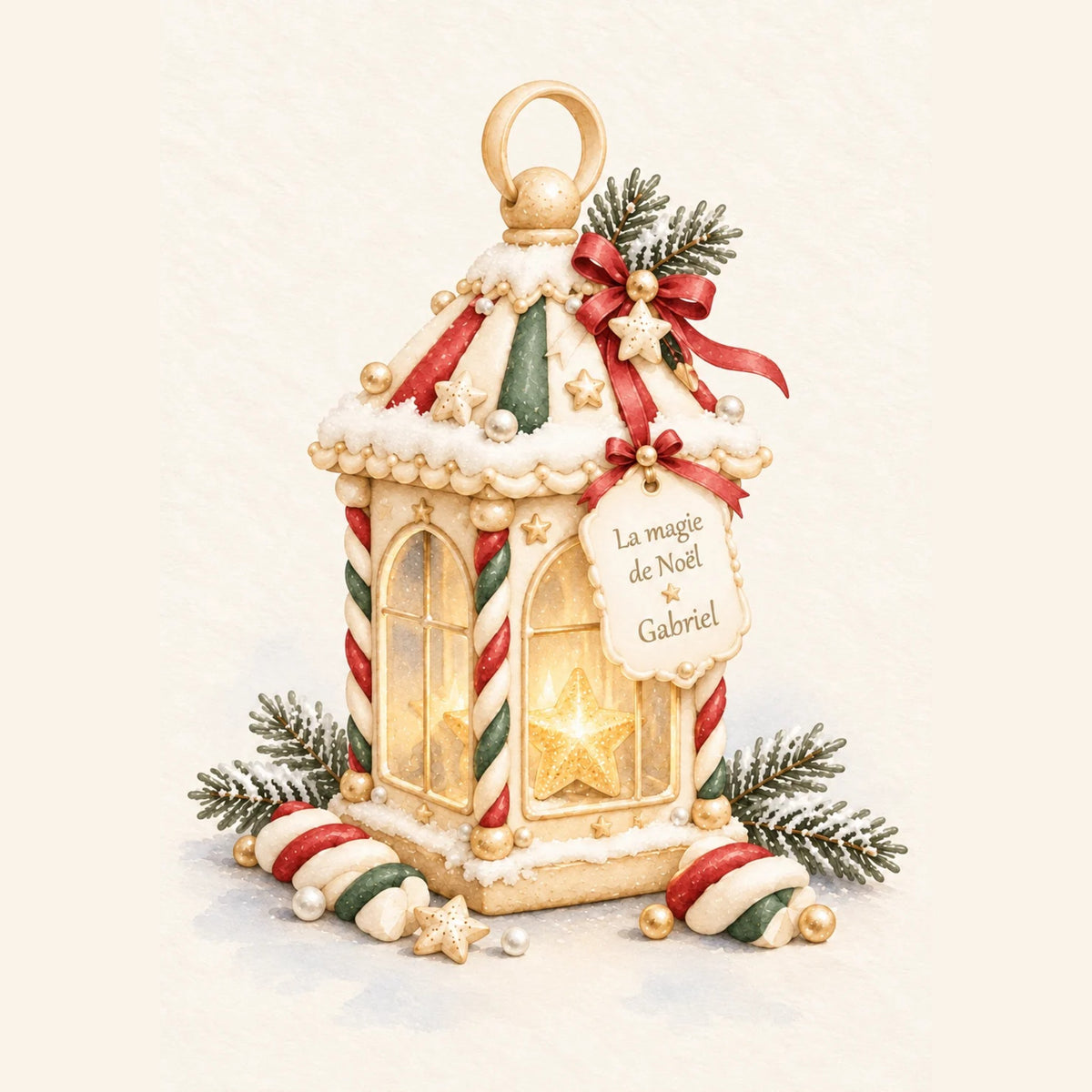 Affiche de Noël personnalisée : lanterne illuminée en sucre d'orge avec étiquette La magie de Noël et prénom