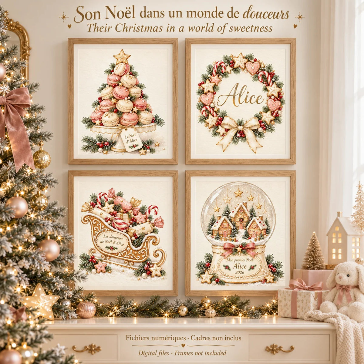 Affiches de Noël personnalisées : 4 affiches sapin de macarons, couronne, traîneau et boule à neige au prénom de l'enfant, déco de Noël rose et dorée