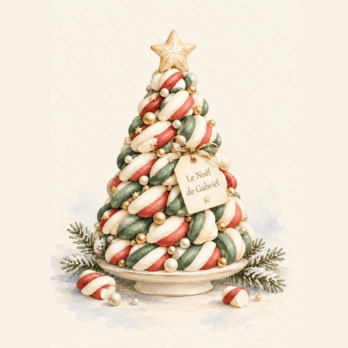 Affiche de Noël personnalisée : sapin en guimauves torsadées rouges et vertes avec étiquette Le Noël de et prénom