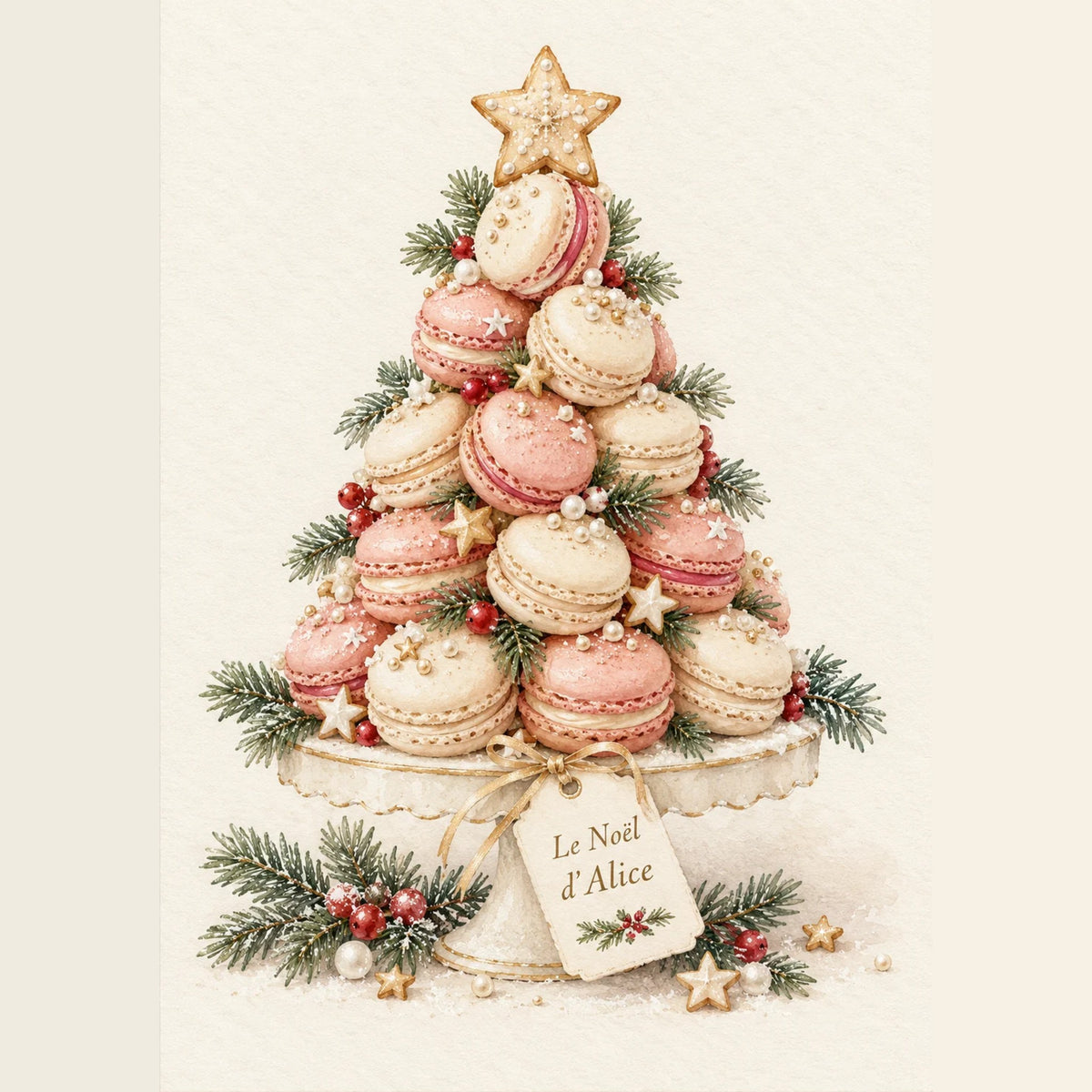 Affiche de Noël personnalisée : sapin de macarons roses et crème avec étiquette Le Noël de et prénom