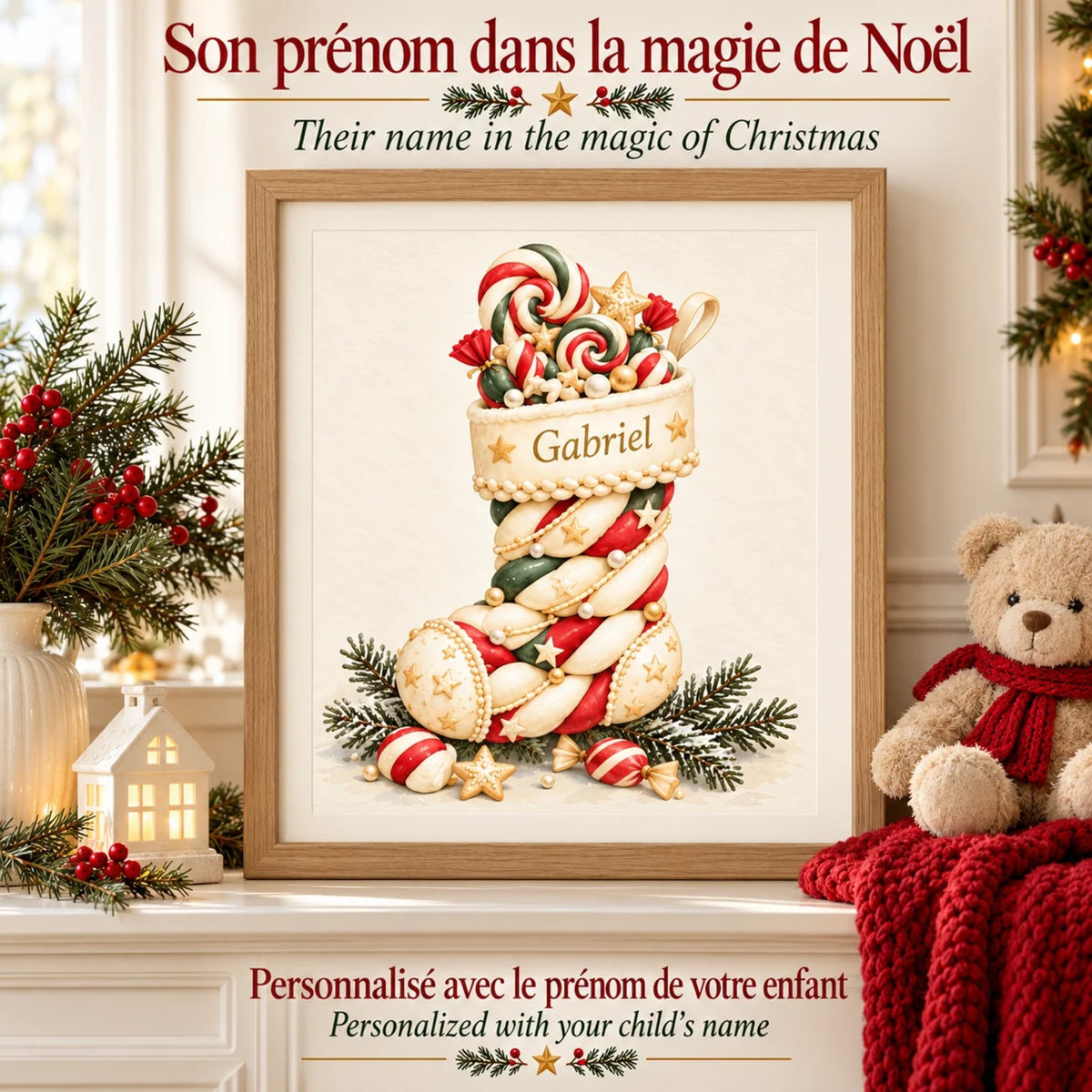 Cadeau de Noël enfant : son prénom dans la magie de Noël, affiche chaussette encadrée près d'une peluche ourson