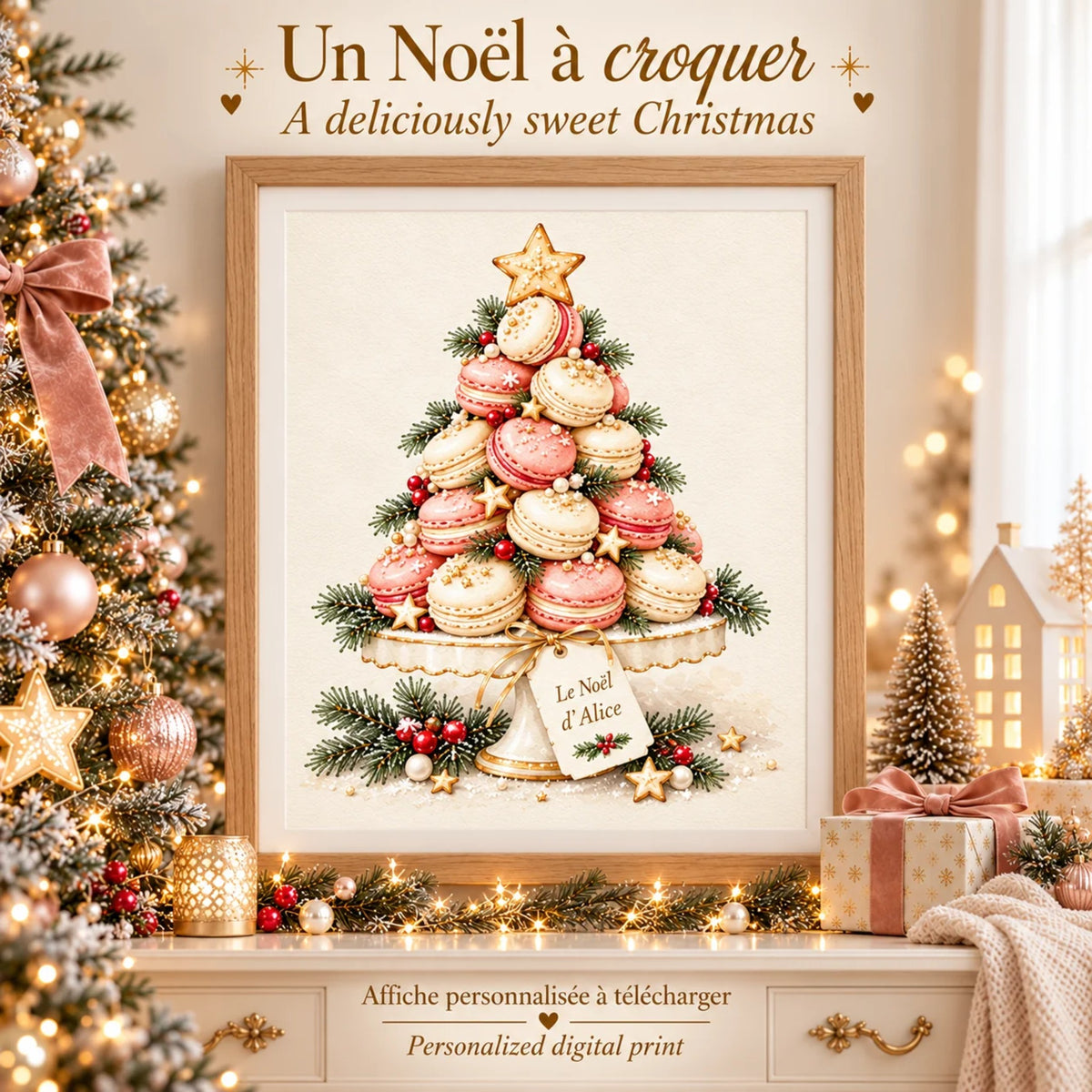 Affiche de Noël personnalisée : un Noël à croquer, sapin de macarons encadré dans un salon décoré