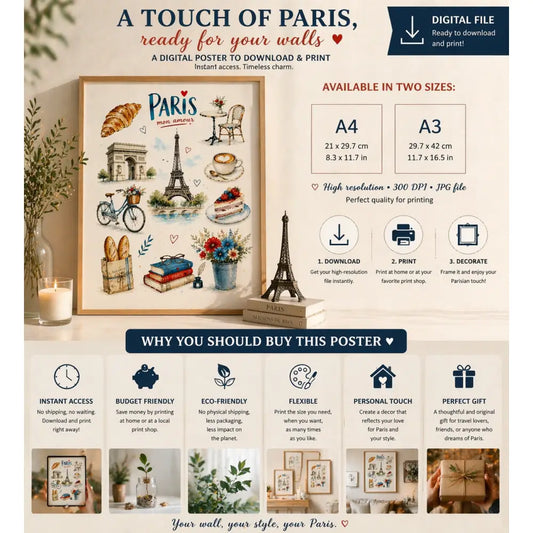 Affiche paris vintage en style aquarelle avec tour eiffel et croissant pour décoration murale élégante