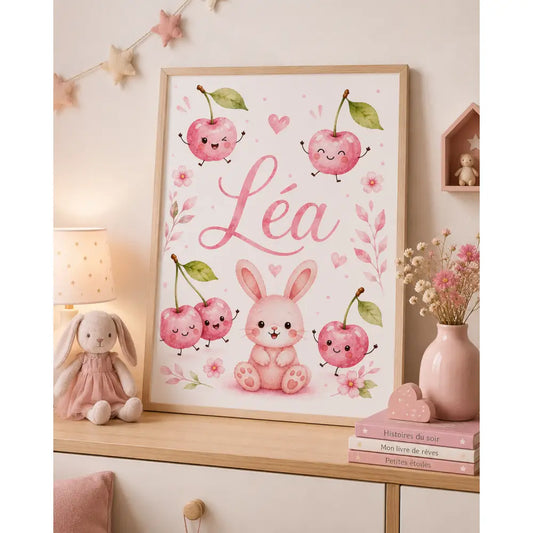 Affiche personnalisée à imprimer avec un lapin rose et des cerises souriantes autour du prénom léa pour cadeau naissance
