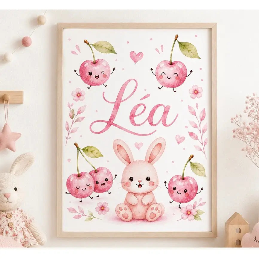 Affiche personnalisée à imprimer avec un lapin rose et des cerises joyeuses avec le prénom léa pour cadeau naissance