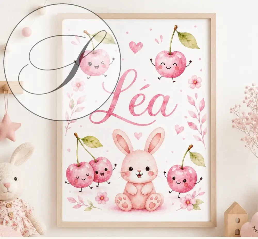 Affiche personnalisée à imprimer avec un lapin rose et des cerises joyeuses avec le prénom léa pour cadeau naissance