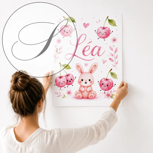 Affiche personnalisée à imprimer rose style aquarelle avec un lapin mignon et cerises souriantes cadeau naissance léa