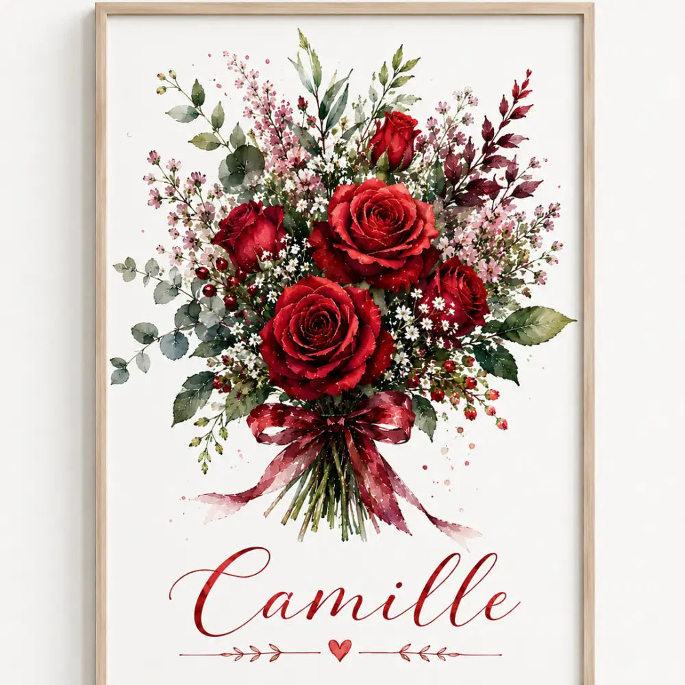 Affiche personnalisée prénom avec bouquet de roses rouges et ruban maroon cadeau femme original