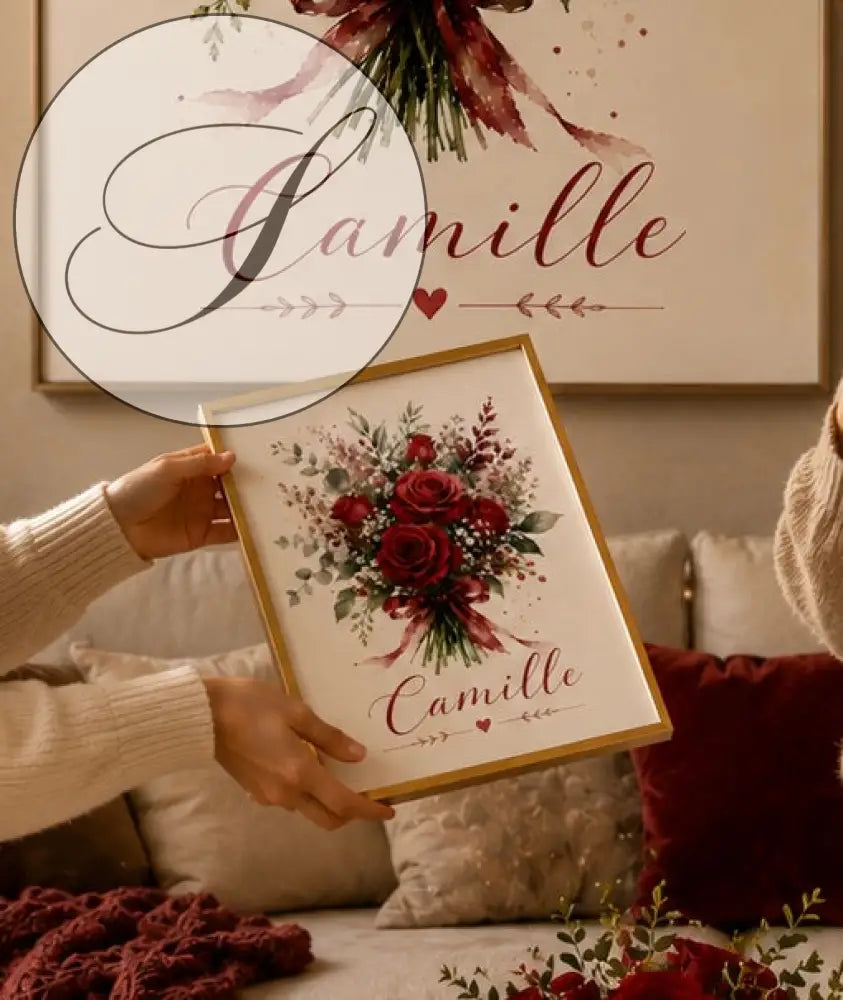 Affiche personnalisée prénom gold encadrée avec bouquet de roses rouges et le nom camille idéale cadeau femme original
