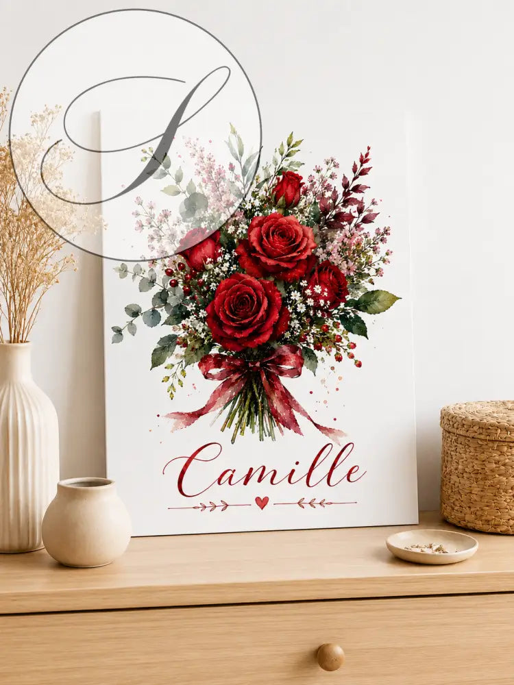 Affiche personnalisée prénom avec bouquet de roses rouges en aquarelle sur toile, cadeau femme original décoratif