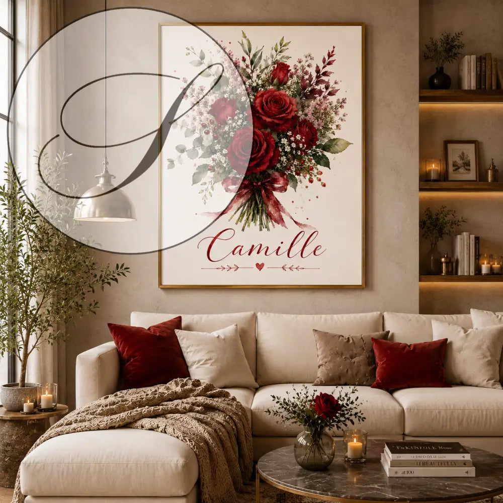 Affiche personnalisée prénom avec bouquet de roses rouges et ruban marron parfait comme cadeau femme original