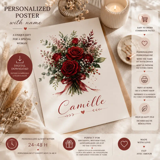 Affiche personnalisée prénom avec bouquet de roses rouges aquarelle sur papier crème cadeau femme original