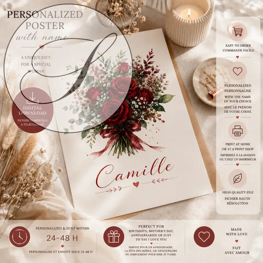 Affiche personnalisée prénom avec bouquet de roses rouges aquarelle sur papier crÚme cadeau femme original