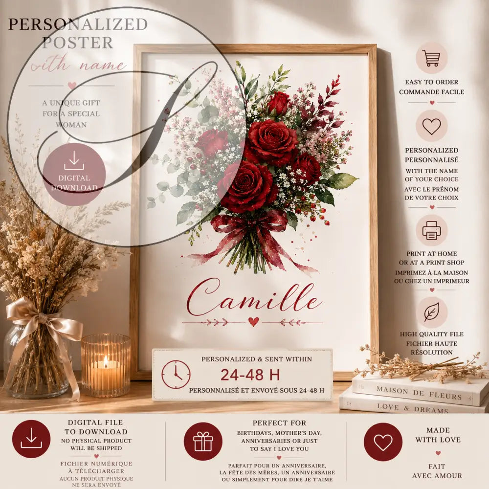 Affiche personnalisée prénom avec bouquet de roses rouges et cadre en bois clair idéale comme cadeau femme original