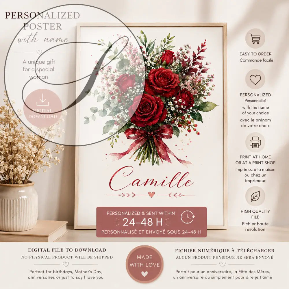 Affiche personnalisée prénom avec bouquet de roses rouges et cadre en bois clair idéal cadeau femme original