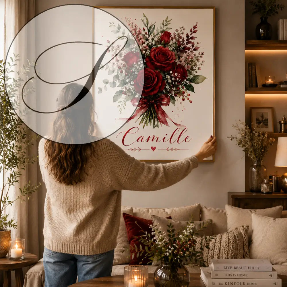 Affiche personnalisée prénom avec bouquet de roses rouges et ruban bordeaux cadeau femme original encadré