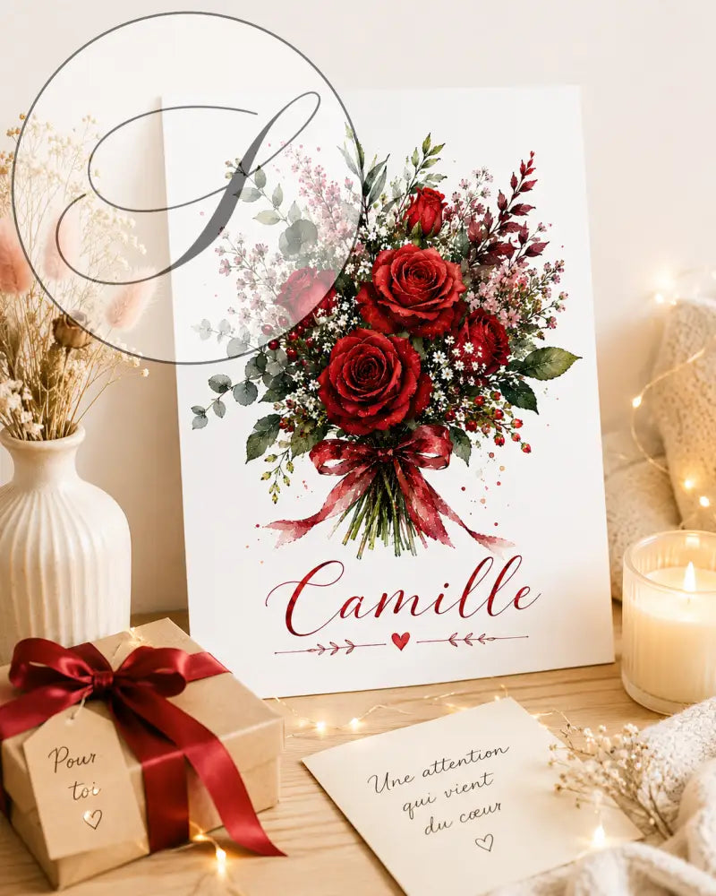 Affiche personnalisée prénom en toile blanche avec bouquet de roses rouges et ruban rouge cadeau femme original