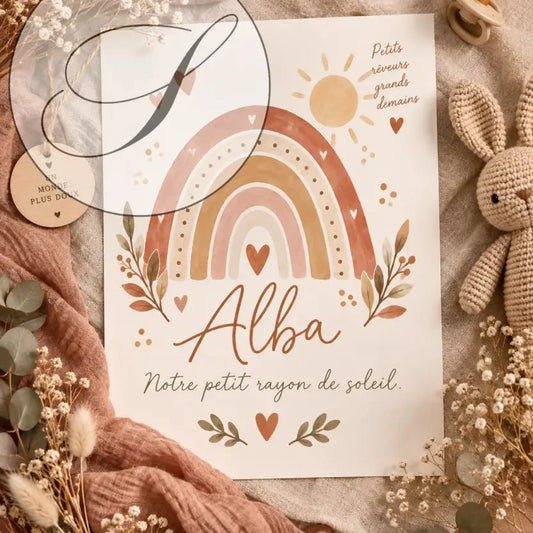 Personalized baby name print with an earth-toned watercolour rainbow and botanical details, unique baby gift