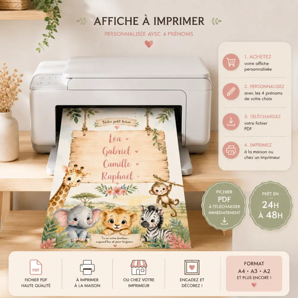 Affiche d anniversaire enfant personnalisée hy avec panneau en bois rustique et noms en rose entourés d animaux de la jungle
