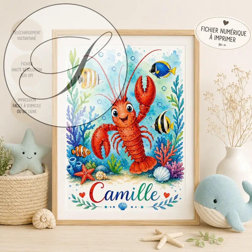 Affiche prénom personnalisée enfant univers marin avec homard rouge joyeux et nom camille idéale cadeau naissance personnalisée