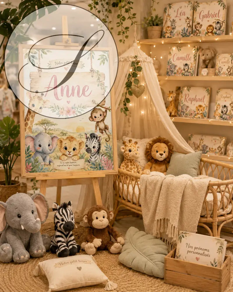 Un chevalet en bois charmant avec une pancarte de bienvenue personnalisée pour bébé aux couleurs pastel douces