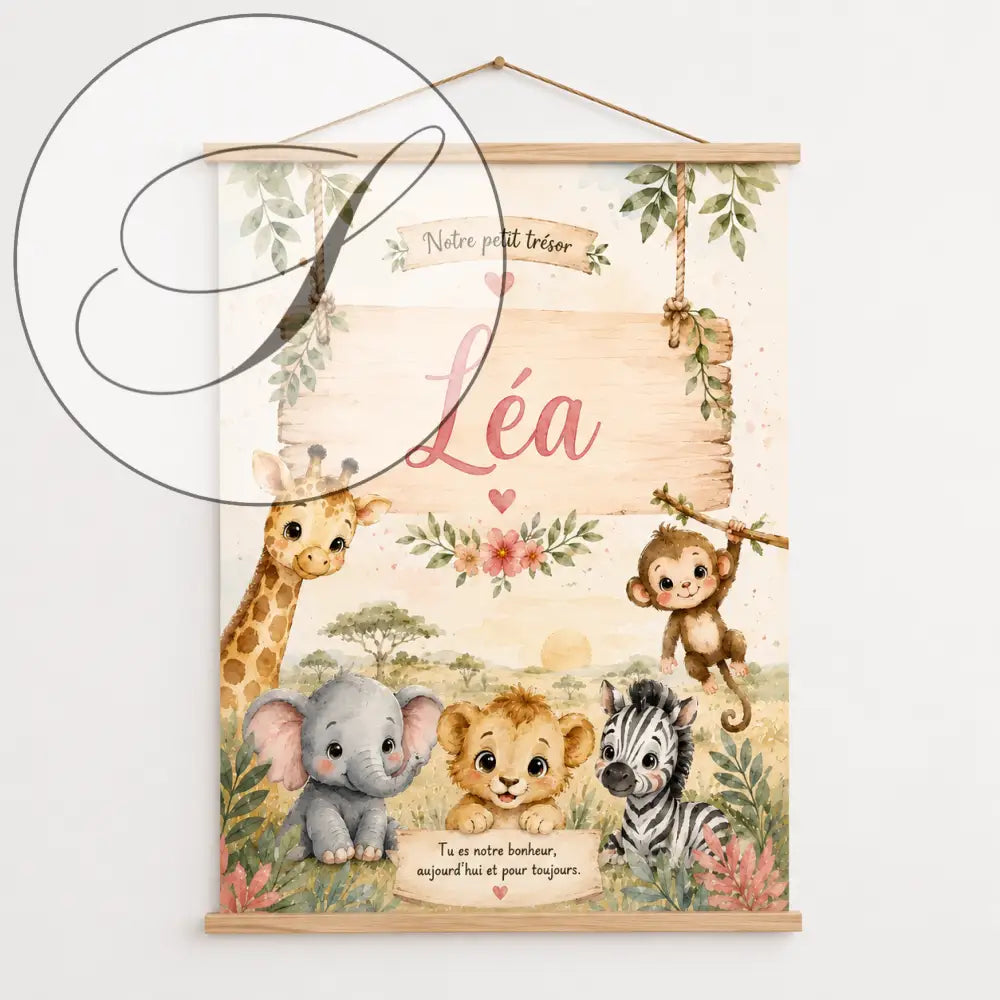 Panneau mural chambre bébé avec animaux safari en aquarelle et prénom Léa en rose