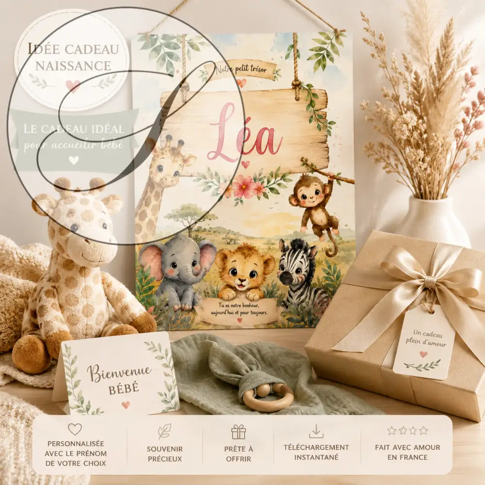 Affiche prénom personnalisée thème safari, cadeau naissance avec animaux doux