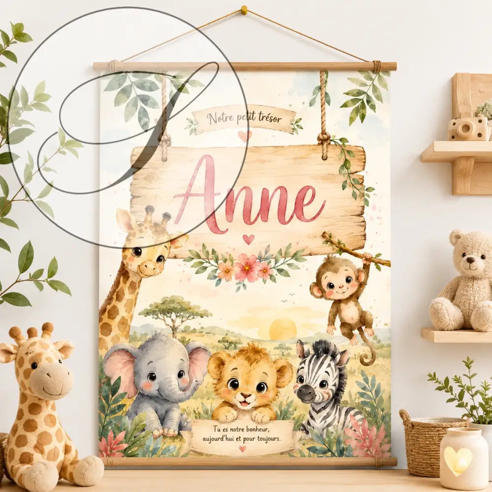 Panneau en bois personnalisé avec illustration safari aquarelle et prénom Anne en écriture rose