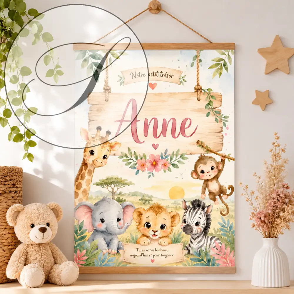 Poster mural personnalisé pour enfants en bois avec illustration aquarelle d’animaux et le prénom anne en rose
