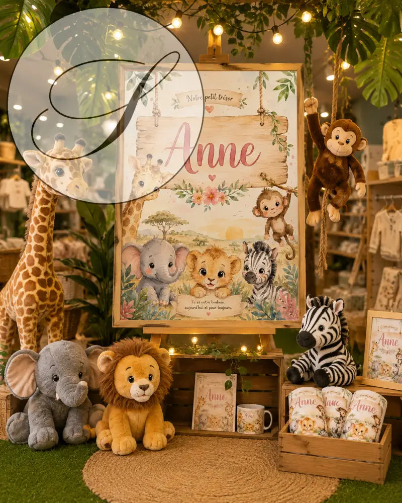 Panneau en bois rustique avec design peint à la main montrant animaux cartoons et le nom anne en écriture rose cursive