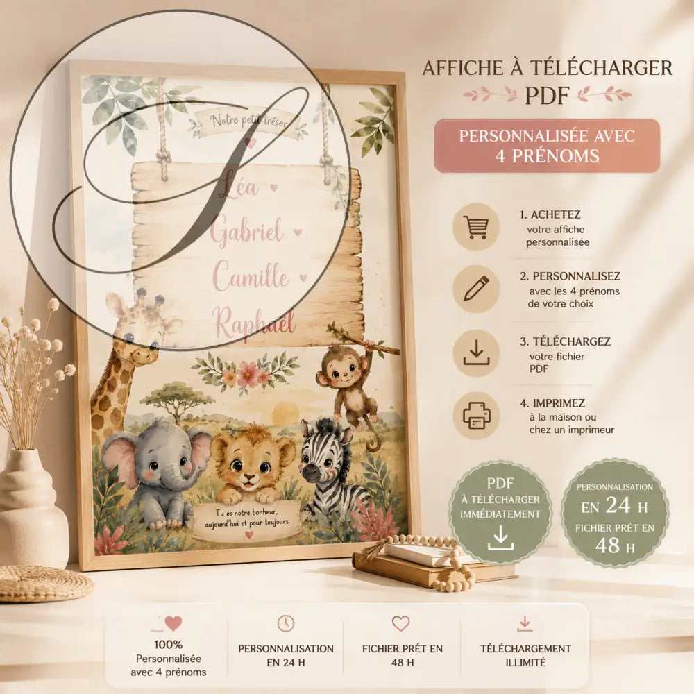 Affiche rustique en bois avec scène de jungle et animaux cartoon personnalisés