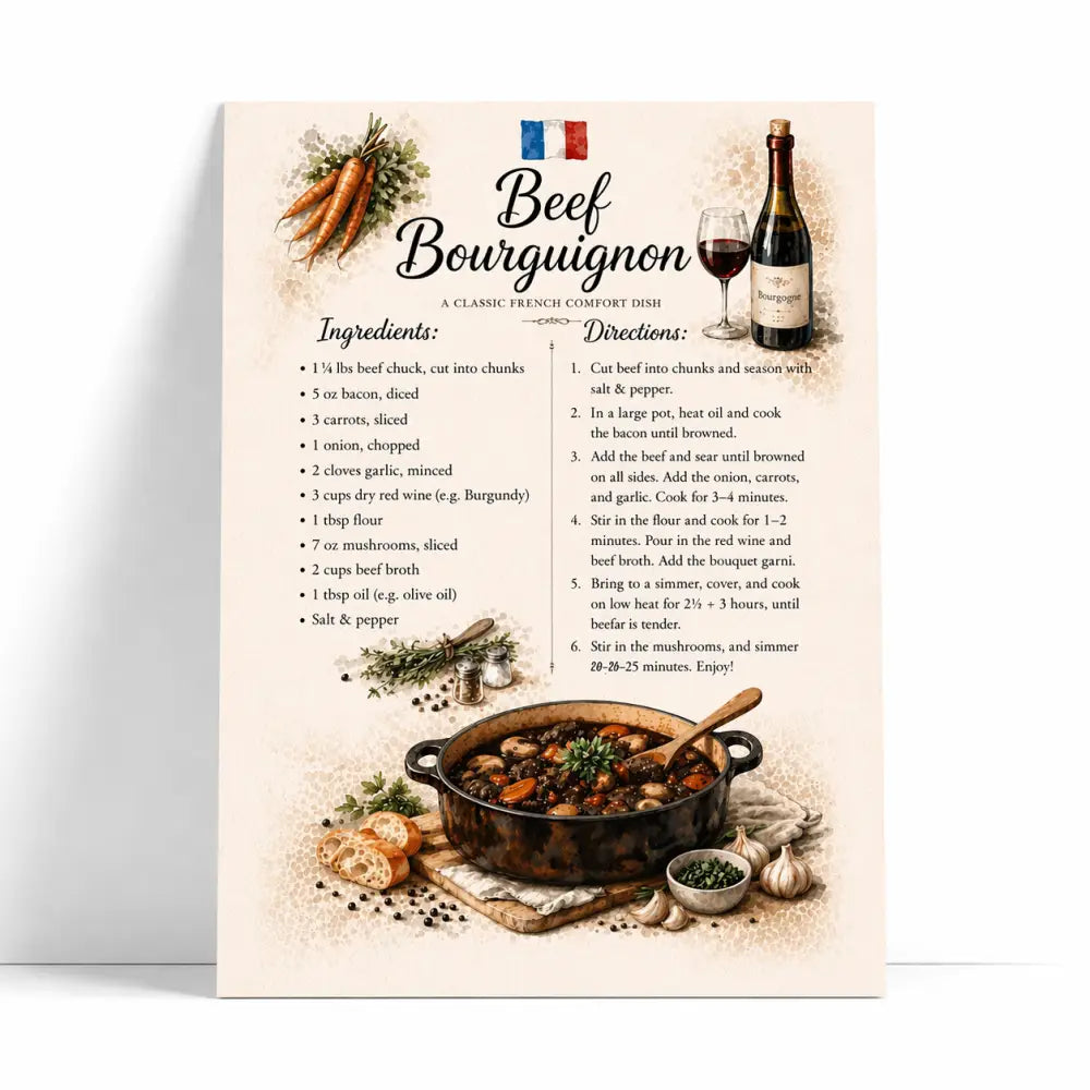 Affiche cuisine bœuf bourguignon avec illustration vintage de pot noir bouteille de vin et verre sur fond écru pour décoration murale française
