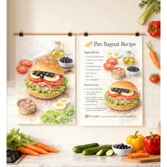 Décoration murale cuisine avec affiche recette Pan Bagnat aquarelle