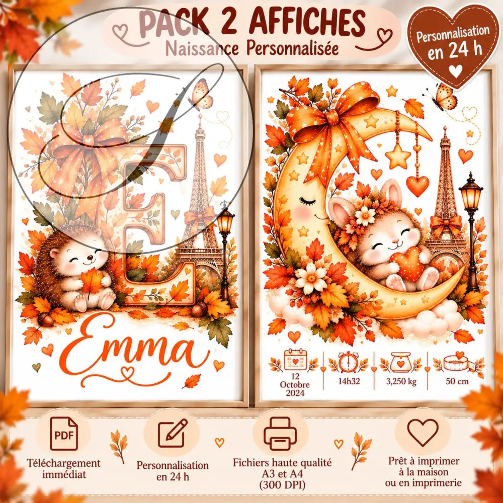 Cadeau naissance : pack de 2 affiches personnalisées automne à Paris, initiale et prénom avec hérisson, lapin sur la lune et mesures de naissance